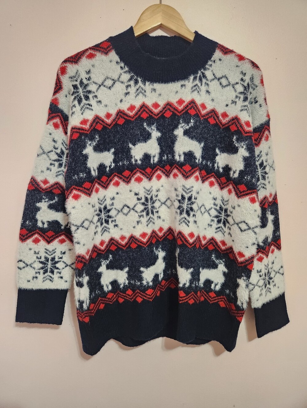 Cocobleu Ugly Christmas Sweater Reindeer Snowflake Fair Isle Fuzzy Knit Navy XL